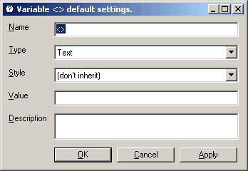 - Окно Variable &lt;&gt; default settings