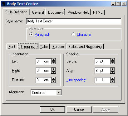 - Вкладка Style Definition окна Body Text Center