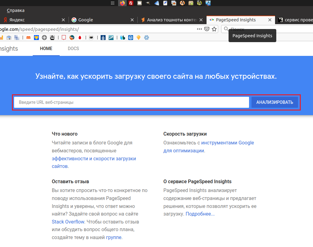 - Вкладка PageSpeed Insights